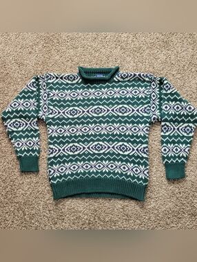Vintage Gap Sweater 100% Cotton Rollneck Fair Isle Green Blue Ivory Medium
